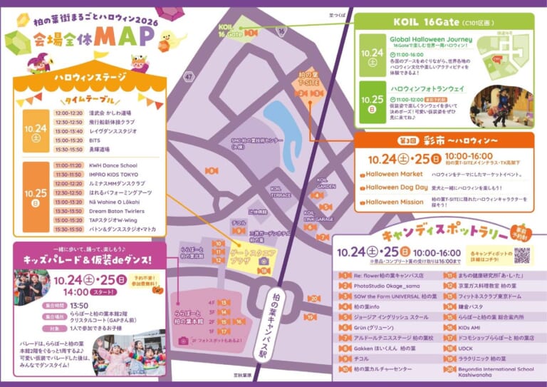 柏の葉街まるごとハロウィン2026の会場全体MAP。左にハロウィンステージの両日のタイムテーブルとキッズパレード＆仮装deダンスの案内、中央に柏の葉キャンパス駅周辺の地図とキャンディスポットの番号、右にKOIL 16Gateと彩市の企画、キャンディスポット20か所の一覧が載っている