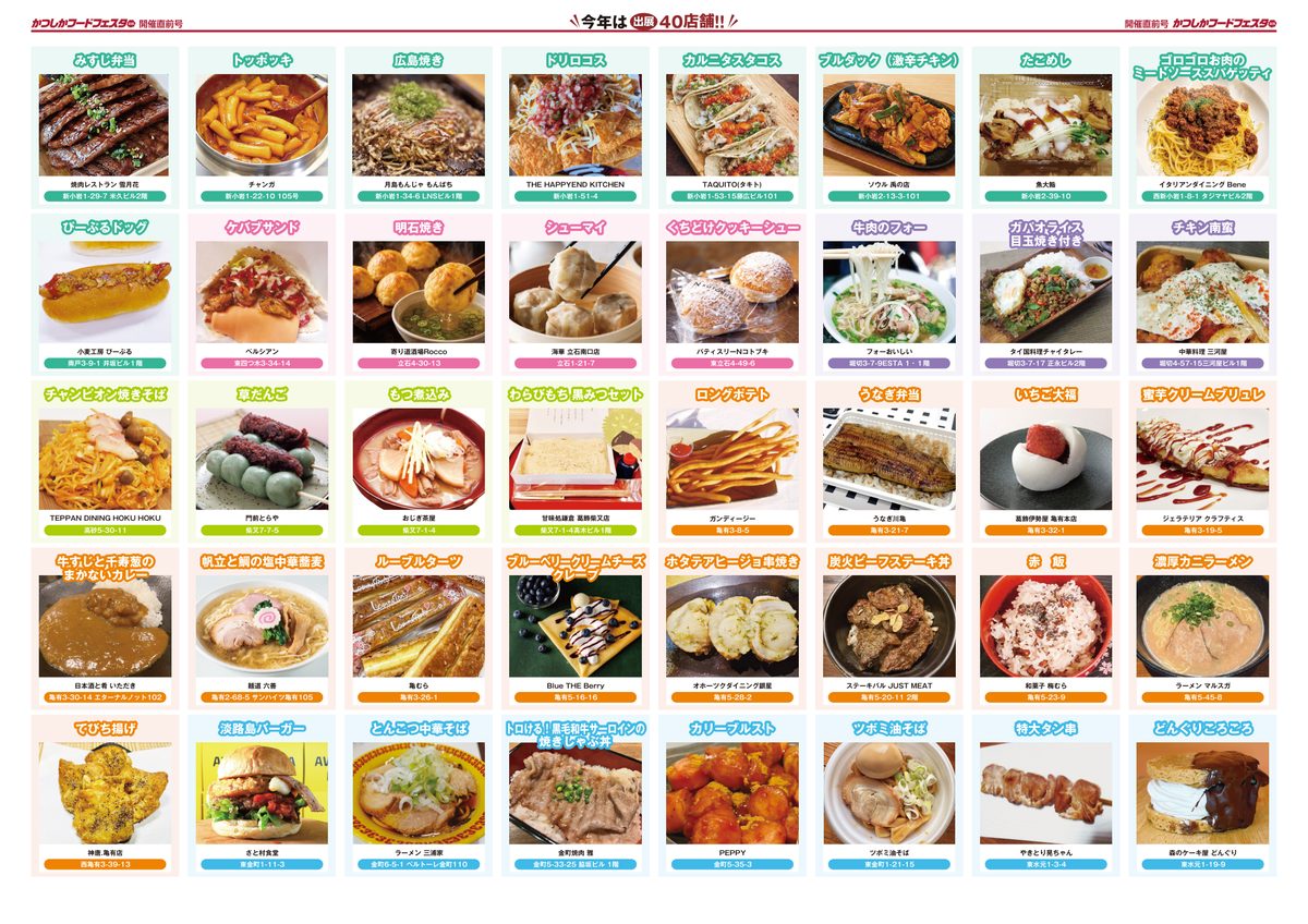 みすじ弁当、トッポッキ、うなぎ弁当、草だんごなど40品の写真に、店名と住所を添えて並べた一覧