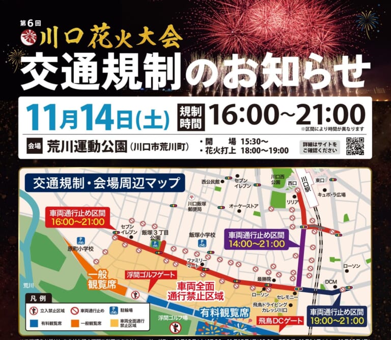 第6回川口花火大会の交通規制のお知らせ。11月14日（土）規制時間16:00〜21:00、会場は荒川運動公園、開場15:30〜、花火打上18:00〜19:00。交通規制・会場周辺マップに有料観覧席、一般観覧席、浮間ゴルフゲート、飛鳥DCゲート、車両通行止め区間（16:00〜21:00、14:00〜21:00、19:00〜21:00）、駐輪場