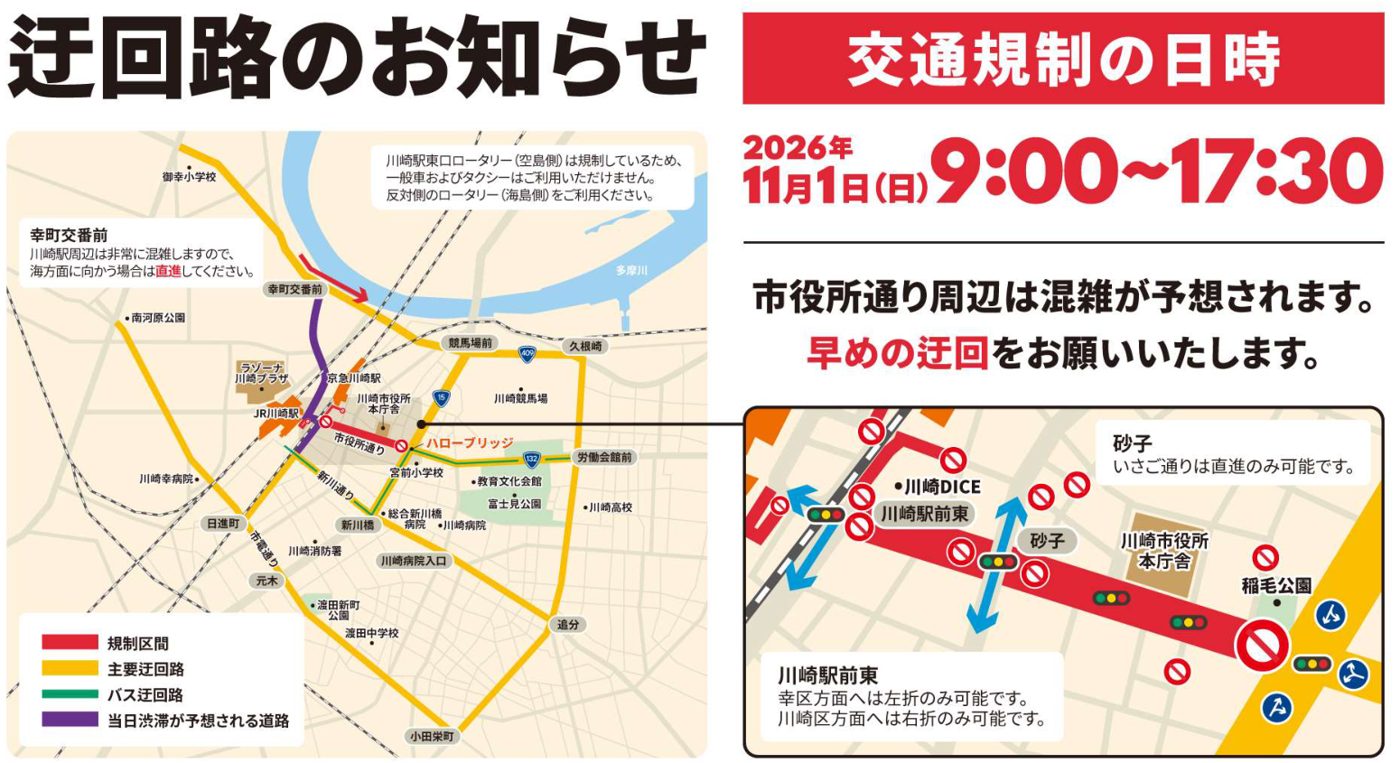 11月1日9時から17時30分の交通規制区間と迂回路の地図。川崎駅東口ロータリー空島側の規制、砂子交差点の通行制限