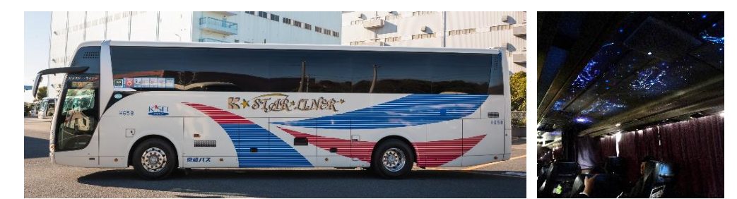 白地に赤と青のラインが入った京成バスの夜行高速バス「K★STAR LINER」の車体と、星空のような照明が光る車内の天井