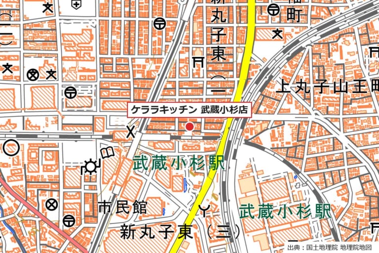 武蔵小杉駅の北側、線路沿いの街区に店の位置を赤い点で示した地図