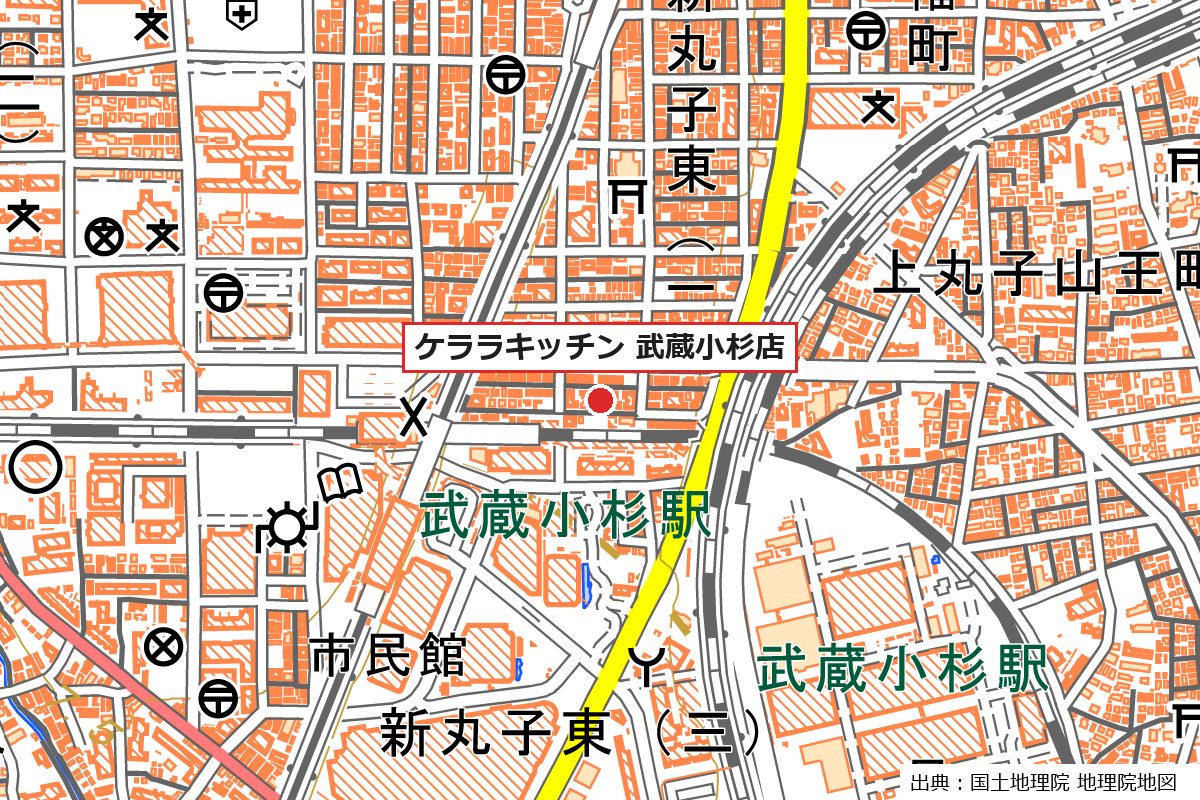 武蔵小杉駅の北側、線路沿いの街区に店の位置を赤い点で示した地図