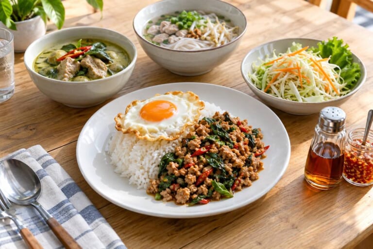 目玉焼きをのせたガパオライスとグリーンカレー、小さなスープ麺とサラダのタイ料理ランチのイメージ画像