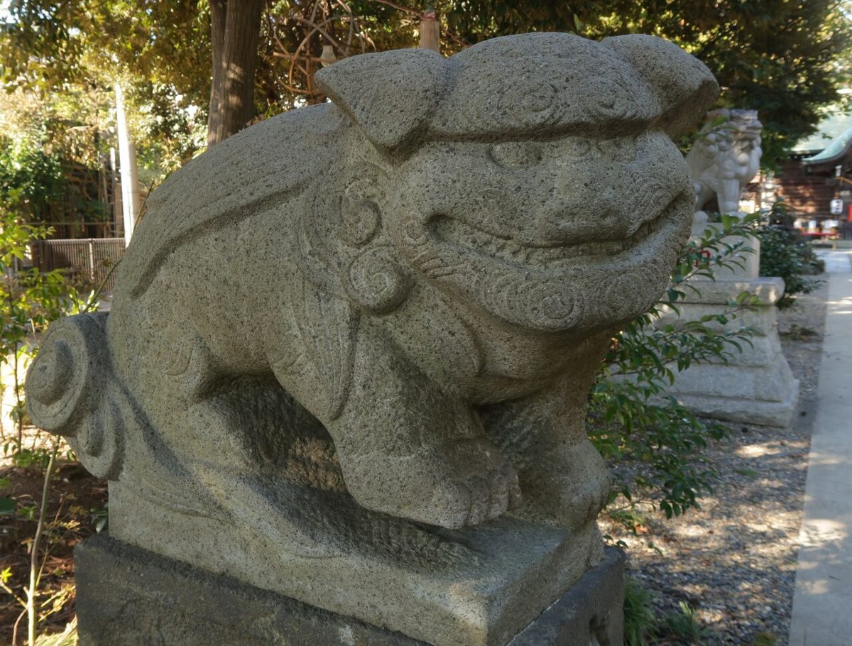 菊田神社の石造りの狛犬。巻き毛の尾と、歯を見せて笑ったような口元