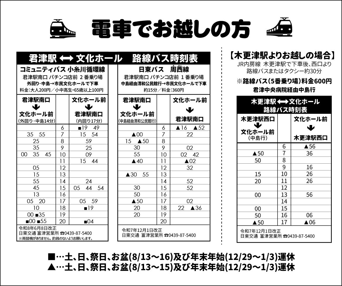 君津駅南口と文化ホール前を結ぶコミュニティバス小糸川循環線と日東バス周西線、木更津駅西口と文化ホールを結ぶ路線バスの時刻表。土日祝運休の便に記号