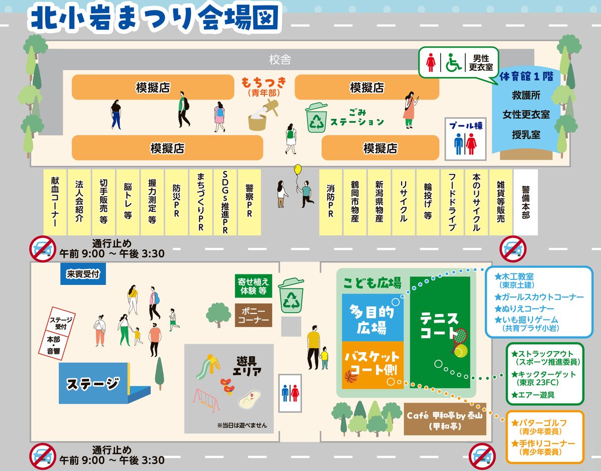 北小岩まつり会場図。上側が小岩第三中学校で模擬店ともちつき、体育館1階に救護所・授乳室。中央の通行止め道路（午前9時〜午後3時30分）に献血や物産などのブース。下側が小岩公園でステージ、ポニーコーナー、こども広場