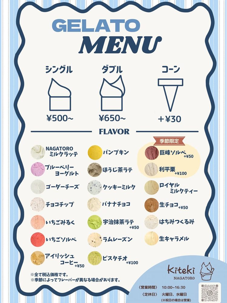 シングル500円〜、ダブル650円〜、コーン+30円と20種のフレーバーが並ぶKitekiのジェラートメニュー