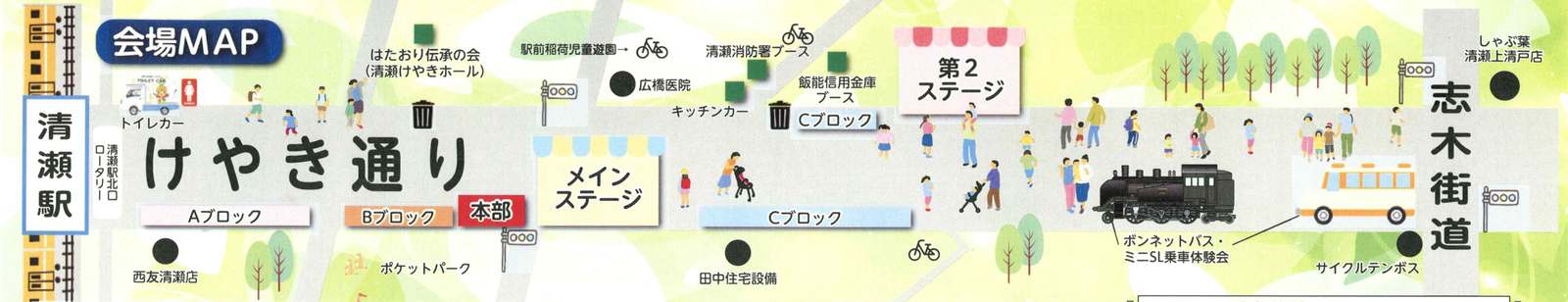 清瀬駅からけやき通りを志木街道まで描いたイラスト地図。駅側からAブロック、Bブロック、本部、メインステージ、Cブロック、第2ステージ、ボンネットバス・ミニSL乗車体験会の位置と、トイレカー、はたおり伝承の会、清瀬消防署ブース、キッチンカーの場所が示されている