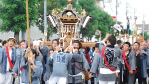 あかしあ通りで法被姿の担ぎ手が大人みこしを担ぐ小平市民まつりの様子