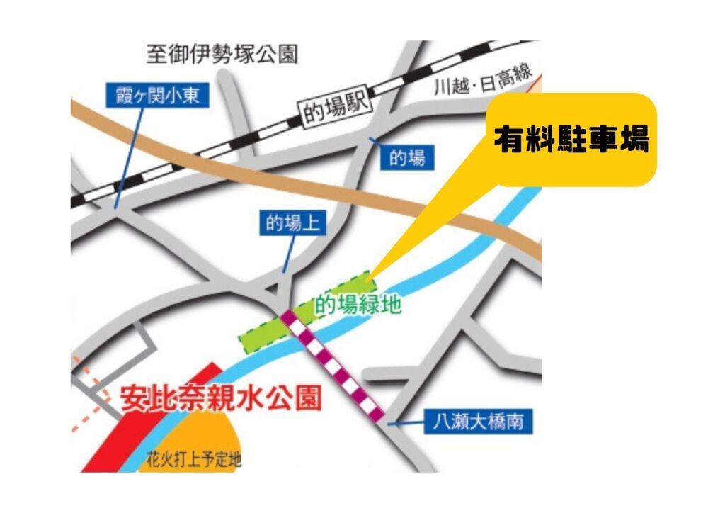 川越線の的場駅の南、入間川沿いの的場緑地に「有料駐車場」の吹き出しがあり、その南西に安比奈親水公園と花火打上予定地が描かれた地図