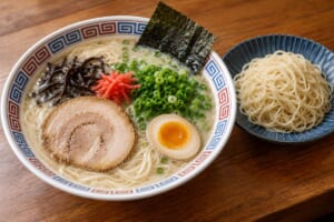 雷文の丼に盛った九州とんこつラーメンと替え玉のイメージ画像