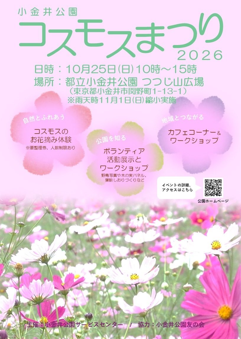 小金井公園コスモスまつり2026のチラシ。日時10月25日（日）10時〜15時、場所 都立小金井公園つつじ山広場（東京都小金井市関野町1-13-1）、雨天時11月1日（日）縮小実施。コスモスのお花摘み体験、ボランティア活動展示とワークショップ、カフェコーナー＆ワークショップ