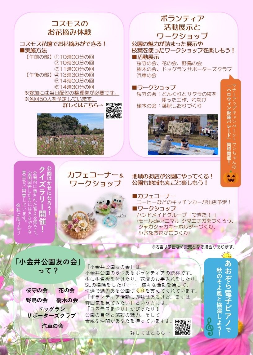 小金井公園コスモスまつり2026のチラシ裏面。お花摘み体験の午前の部と午後の部の時間、ボランティア活動展示とワークショップ、カフェコーナーとワークショップ、クイズラリー、ハロウィン仮装パレード同時開催、あおぞら電子ピアノの案内