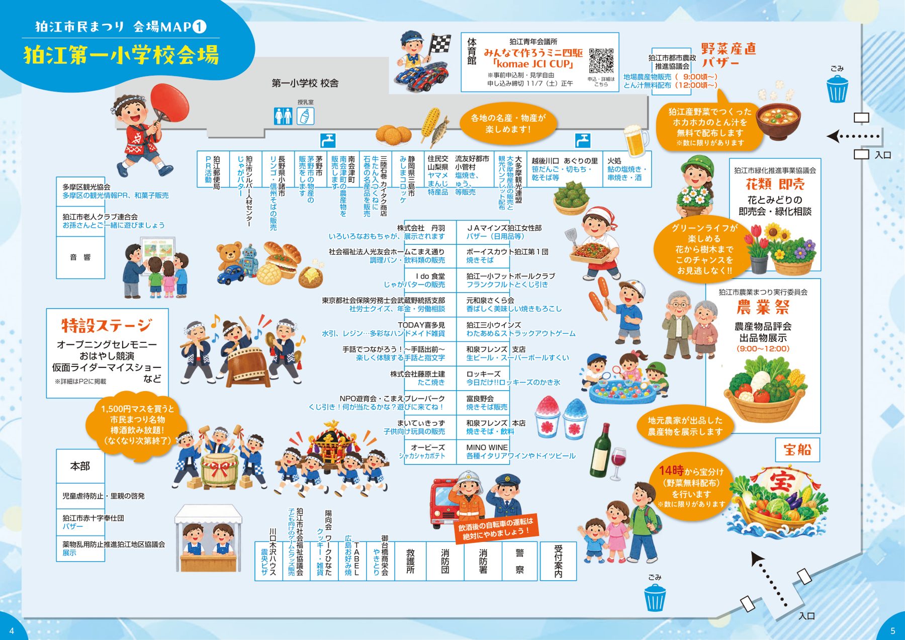 特設ステージ、交流自治体と市民団体の出店、農業祭、宝船、野菜直売バザーの位置を示した狛江第一小学校会場のマップ