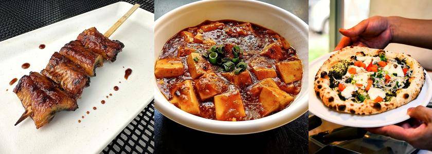 左から平沼水産の侍うなぎのうなくし、紅秋の旨辛麻婆豆腐、イッチアの薪窯ピッツァ