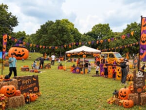 芝生の広場にジャック・オー・ランタンの装飾やテントが並ぶ、越谷公園ハロウィンピクニックのイメージ写真