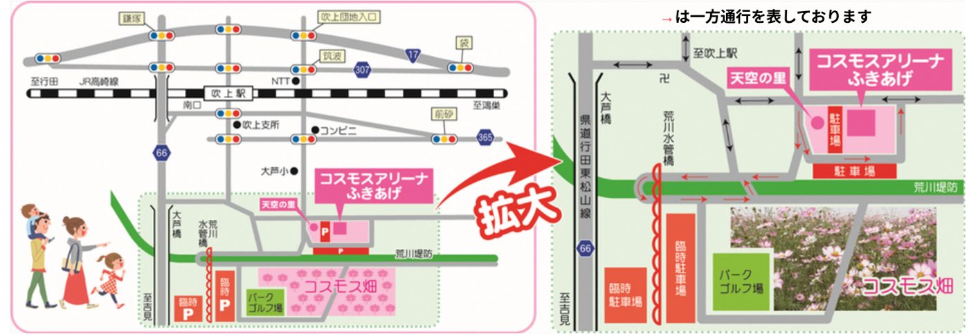 吹上駅からコスモスアリーナふきあげまでの地図と拡大図。荒川堤防、荒川水管橋、駐車場、臨時駐車場、パークゴルフ場、コスモス畑、一方通行の矢印