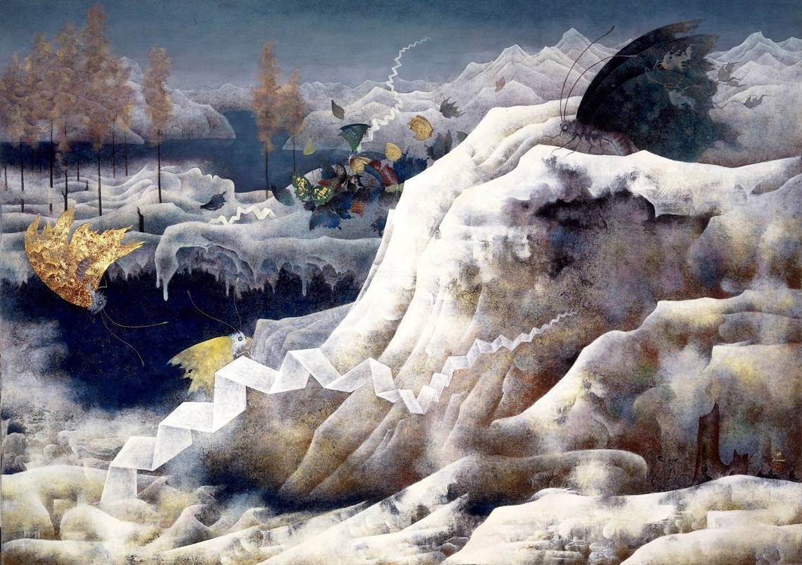 雪の積もった岩山に白い階段のような帯が続き、金色や黒の大きな蝶が舞う日本画