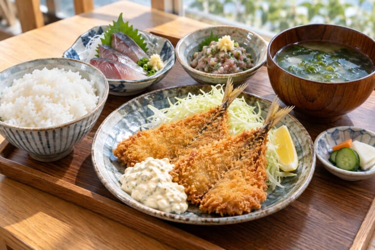 アジフライ、アジの刺身、なめろう、あおさの味噌汁の定食のイメージ画像