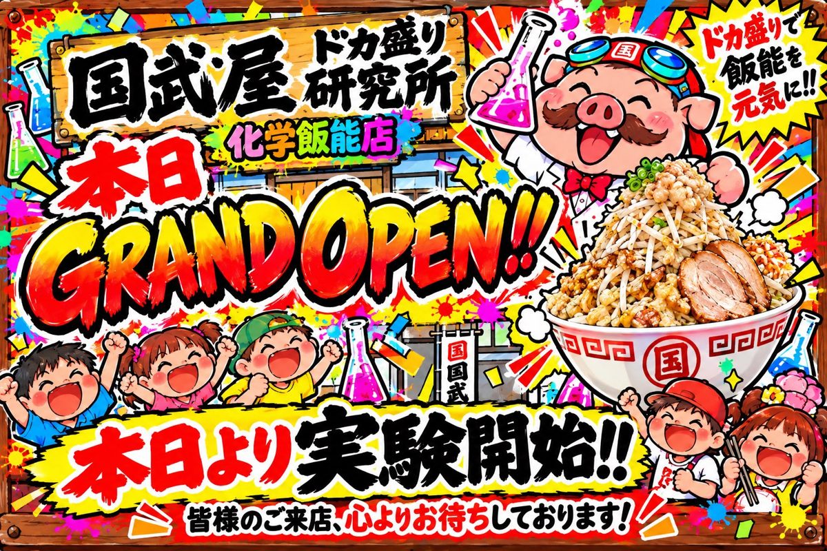 国武屋 ドカ盛り研究所 化学飯能店の「本日GRAND OPEN」の告知イラスト。山盛りのラーメンと白衣のブタのキャラクターが描かれている