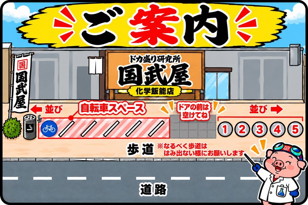 店の入口の前を空け、右側に1〜5番で並び、左側の自転車スペースの先にも列が続くことを示した化学飯能店の案内図
