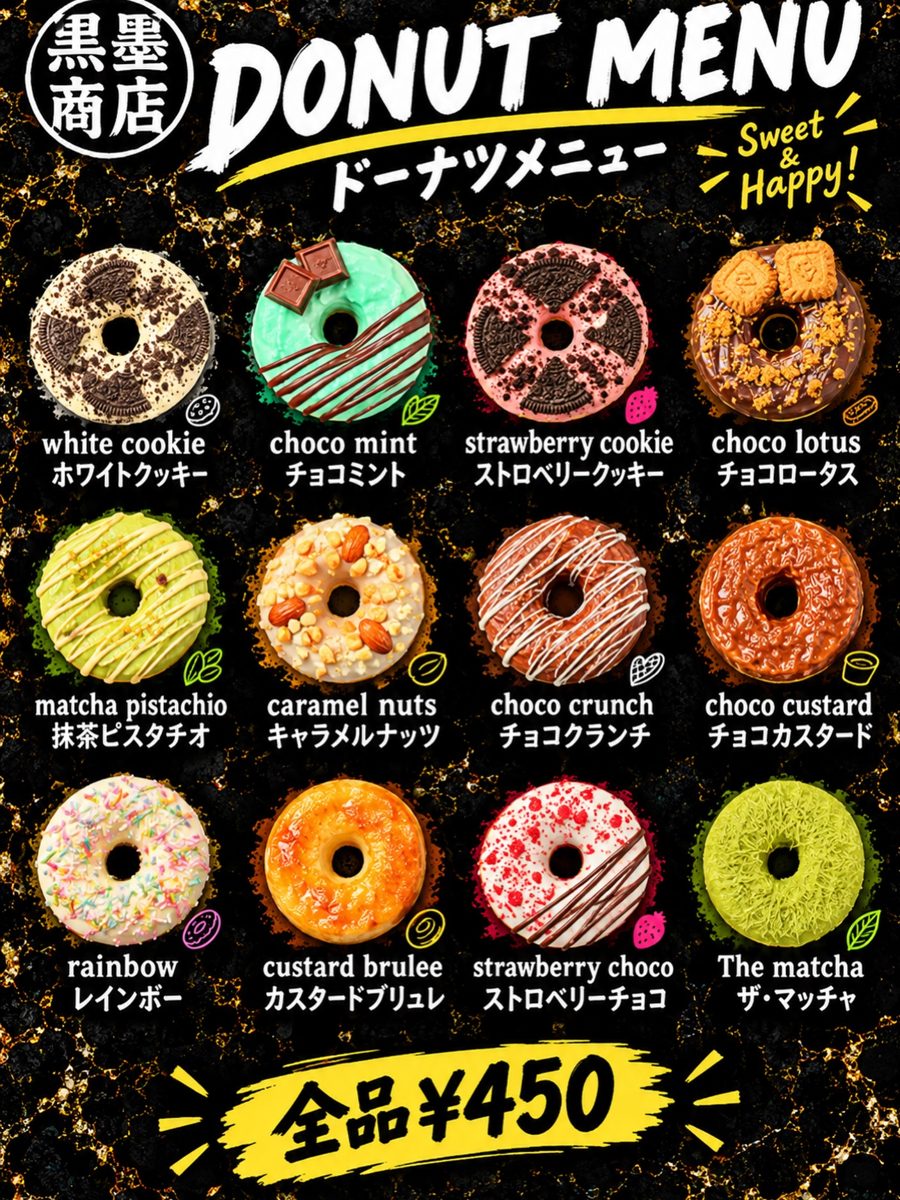 「黒墨商店 DONUT MENU」と書かれた黒いメニュー表に12種類のドーナツの写真と名前が並び、下に「全品¥450」