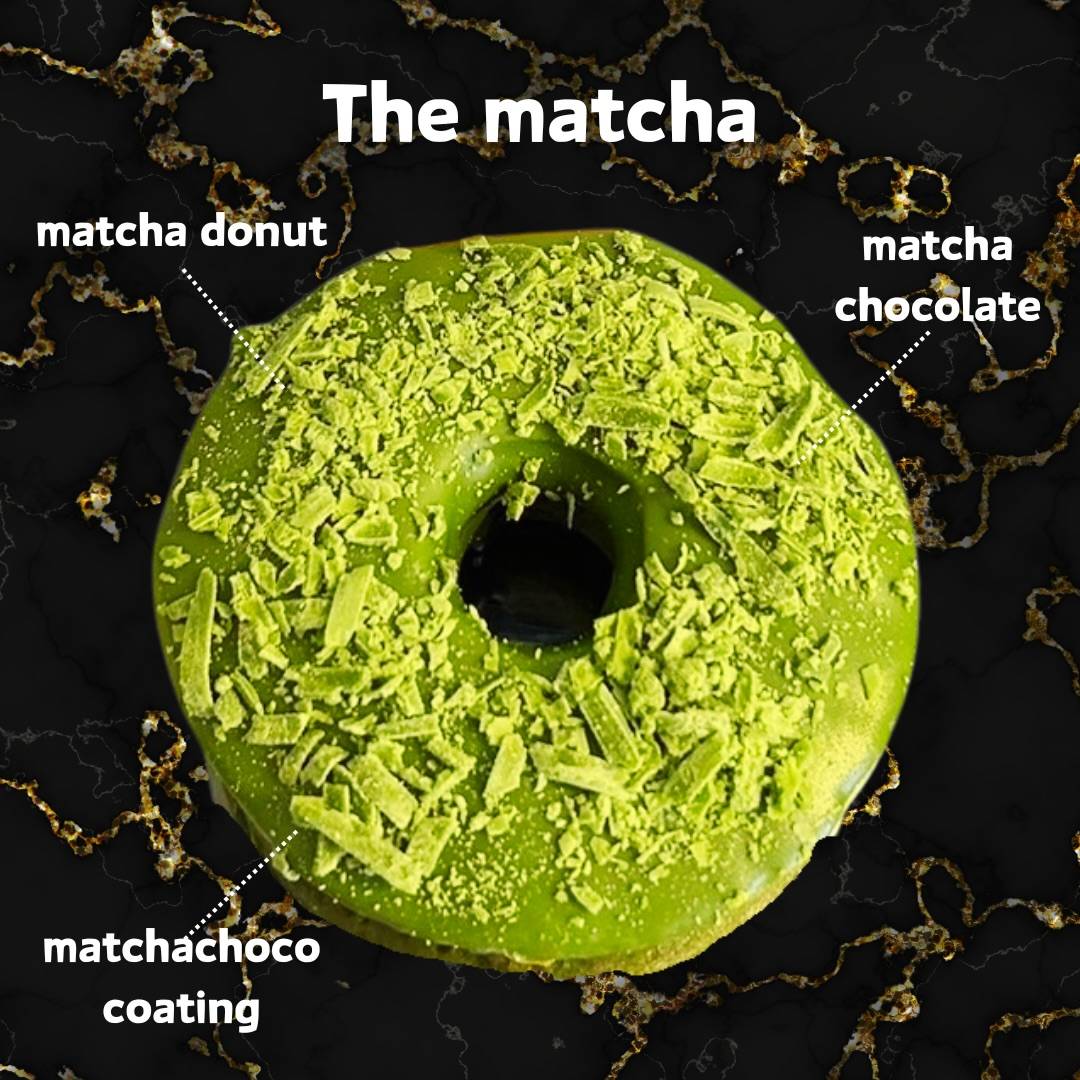 抹茶色のドーナツに抹茶チョコの粒がのった写真に「The matcha」の文字と、matcha donut・matcha chocolate・matchachoco coatingの説明書き