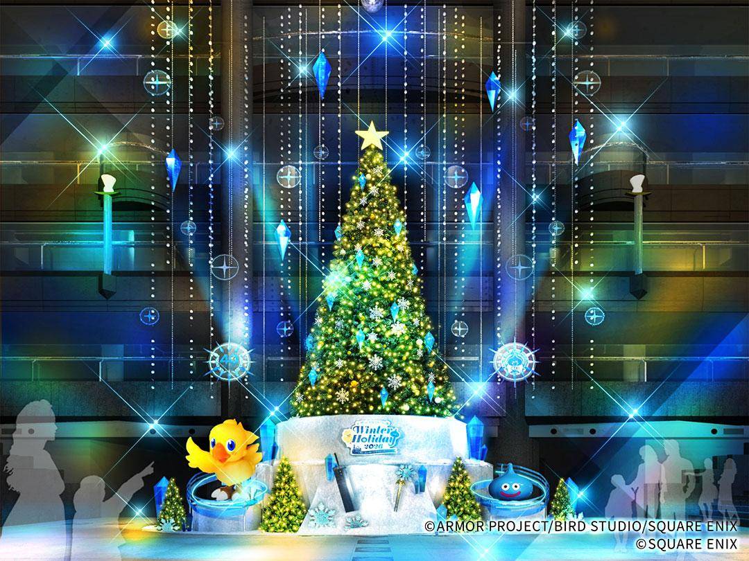 青い光に照らされたクリスマスツリーと、足元のチョコボやスライムの完成予想図