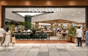 「FOOD COURT」の看板の下に緑の植栽とテーブル席が広がるフードコートのイメージ図