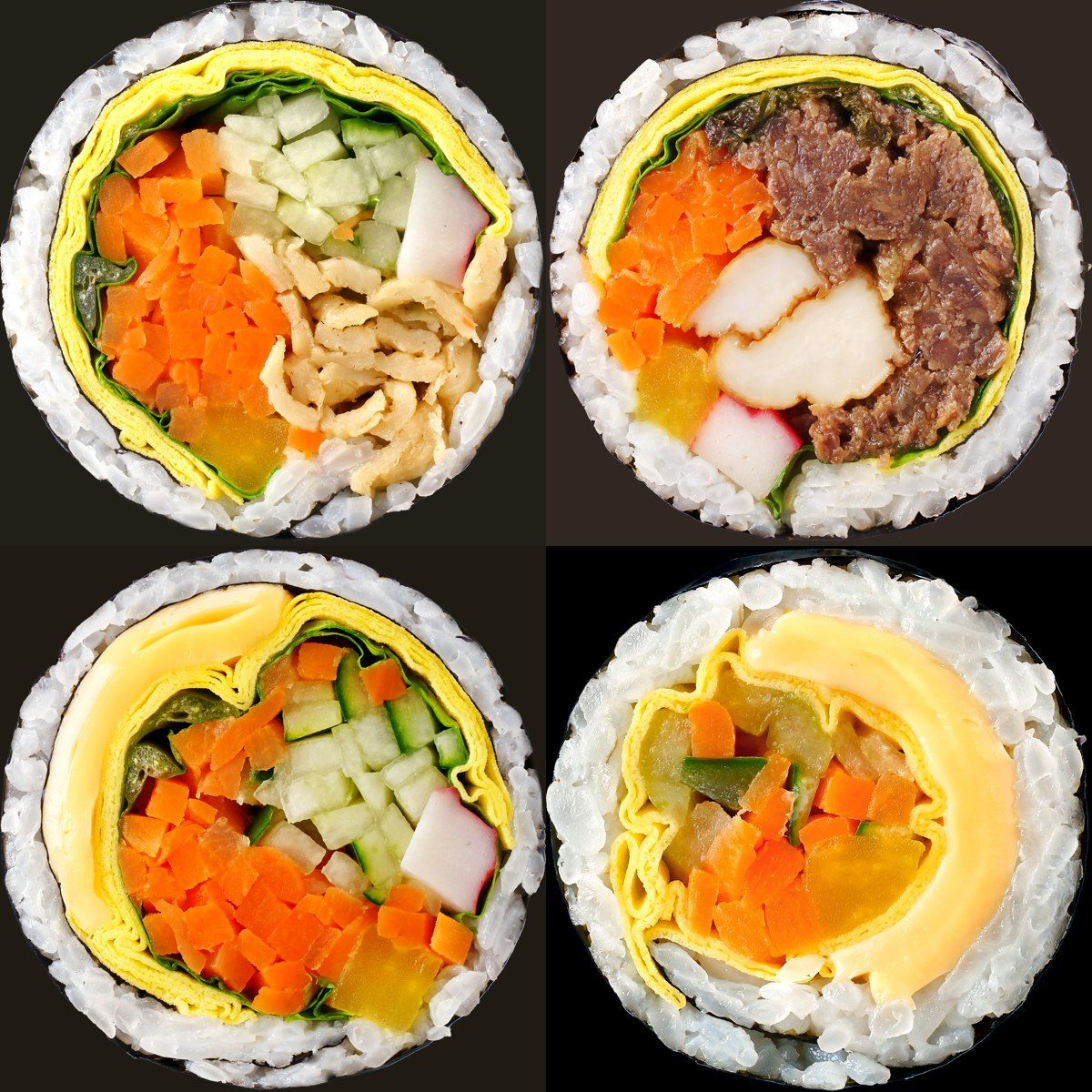 断面を上から写した4種類のキンパ。卵焼き、にんじん、たくあんなどの具材が見える