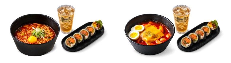 ラーメンとキンパのセット、チーズをのせたトッポッキとキンパのセット