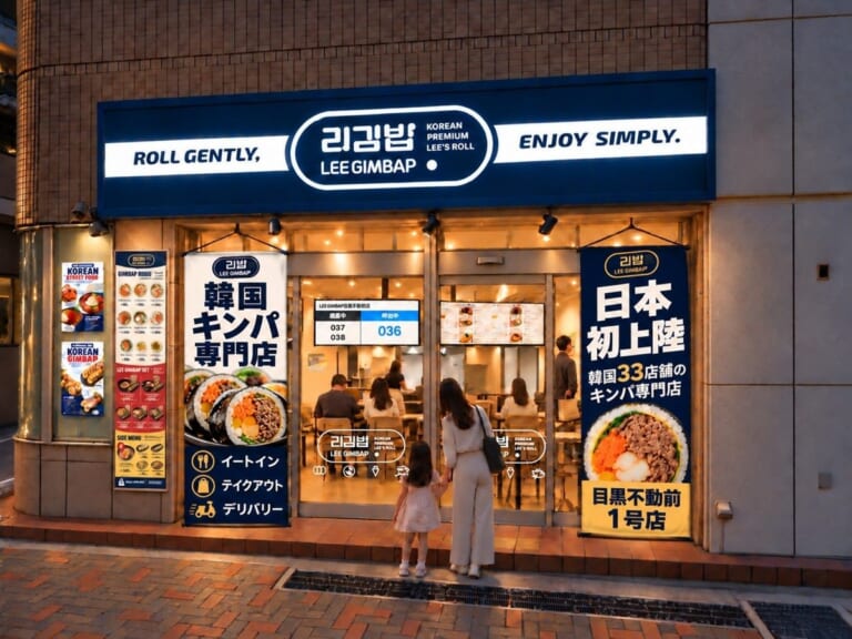 ネイビーの看板に「LEE GIMBAP」と書かれた店舗の正面と、日本初上陸を知らせる縦長のポスター