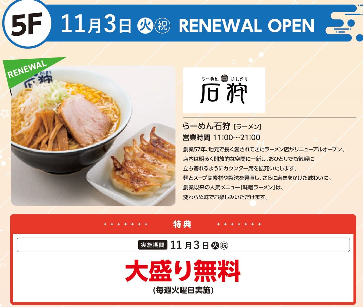 5階・11月3日(火・祝)RENEWAL OPENの表示と、チャーシューとメンマの味噌ラーメン・餃子の写真、大盛り無料の特典