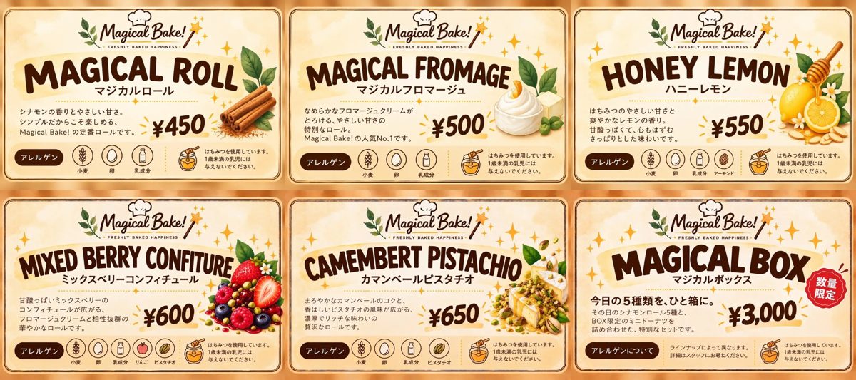 マジカルロール450円、マジカルフロマージュ500円、ハニーレモン550円、ミックスベリーコンフィチュール600円、カマンベールピスタチオ650円、マジカルボックス3,000円の商品カード6枚