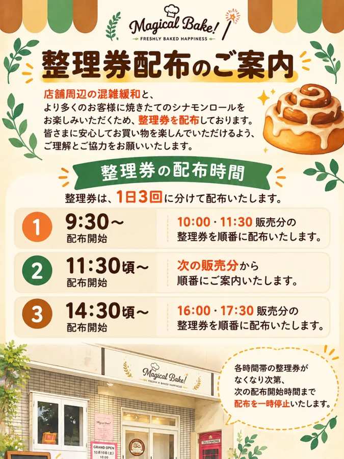 整理券は1日3回配布。9:30〜は10:00・11:30販売分、11:30頃〜は次の販売分、14:30頃〜は16:00・17:30販売分と書かれた案内