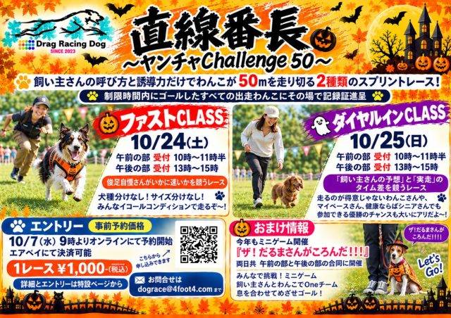 10月24日のファストCLASSと25日のダイヤルインCLASSの受付時間、1レース1,000円のエントリー、ミニゲームの案内が載ったドッグレース直線番長の告知画像