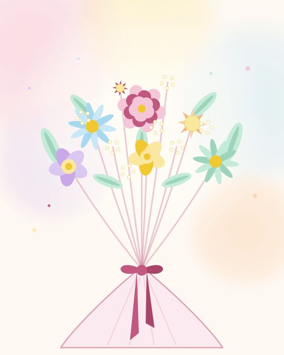淡い虹色の背景に、ピンクの包みとリボンで束ねた色とりどりの花のブーケのイラスト