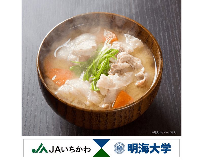 湯気の立つ豚汁の写真と、JAいちかわと明海大学のロゴ。画像内に「写真はイメージです」の注記