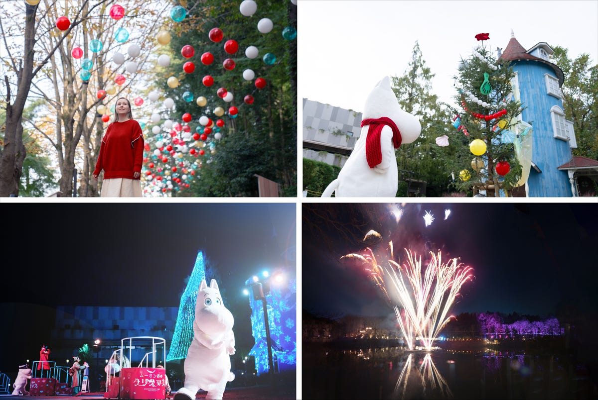 電飾のクリスマスツリーの前で、赤い服を着た白いひげのサンタクロースが耳に手を当てている写真