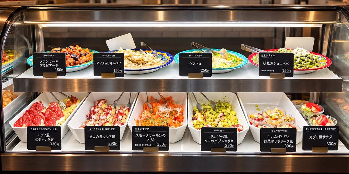 ガラスのショーケースに、名札を付けた小皿料理のバットが2段に並んでいるイメージ