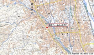 南足柄市岩原に赤い丸で店の位置を示した地図