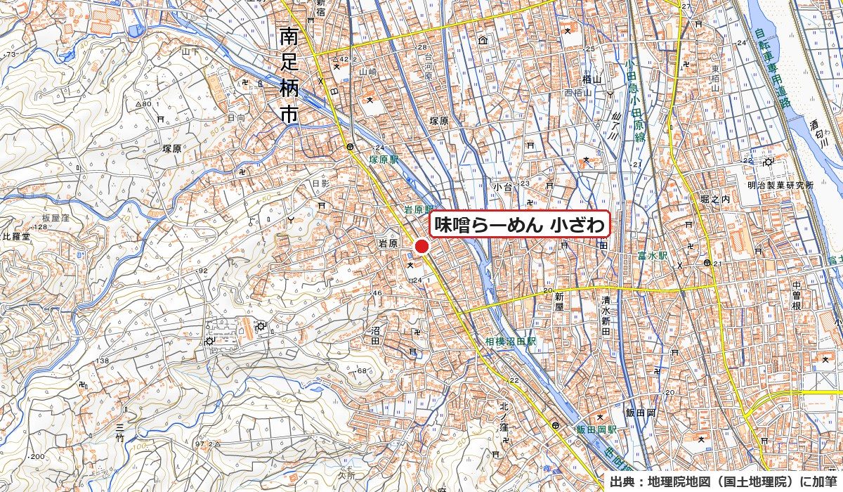 南足柄市岩原に赤い丸で店の位置を示した地図