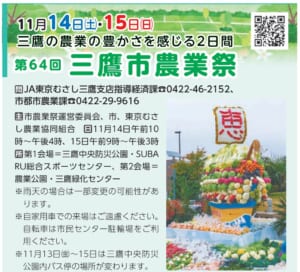 広報みたかの第64回三鷹市農業祭の告知。11月14日（土）・15日（日）、三鷹の農業の豊かさを感じる2日間の見出しと、野菜や花で飾られ「恵」の札を掲げた宝船の写真
