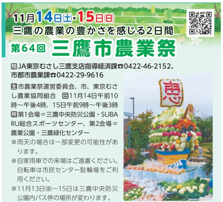 広報みたかの第64回三鷹市農業祭の告知。11月14日（土）・15日（日）、三鷹の農業の豊かさを感じる2日間の見出しと、野菜や花で飾られ「恵」の札を掲げた宝船の写真