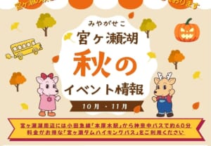 オレンジの日よけとイチョウ、ジャック・オ・ランタンのイラストに「宮ヶ瀬湖 秋のイベント情報 10月・11月」の文字、マスコットのミーヤくんとあいちゃん