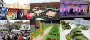 2025年の第42回三芳町産業祭の写真6枚。役場前広場の食のブースのテント、上から見た出店の並び、「第42回三芳町産業祭withみよし芸術祭」の看板があるステージでのバンド演奏、ステージ前の客席、みよし野菜の旗と並ぶ農産物、品評会のほうれん草