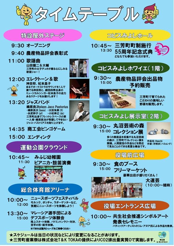 2025年の第42回三芳町産業祭のタイムテーブル。特設屋外ステージ、運動公園グラウンド、総合体育館アリーナ、コピスみよしホール・ホワイエ・展示室、役場前広場、役場エントランス広場の時間と内容