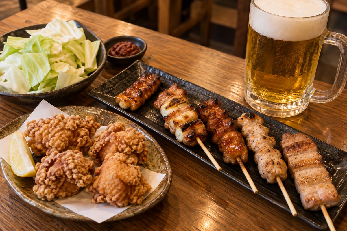 黒い長皿に盛った炭火焼きの豚串と鶏串、ざく切りキャベツとビールジョッキのイメージ画像