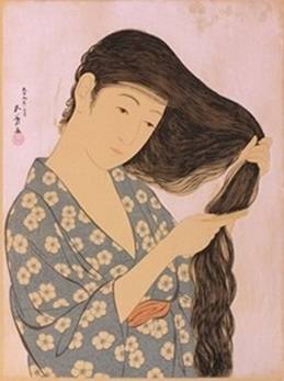 花柄の着物の女性が長い黒髪を両手ですいている版画